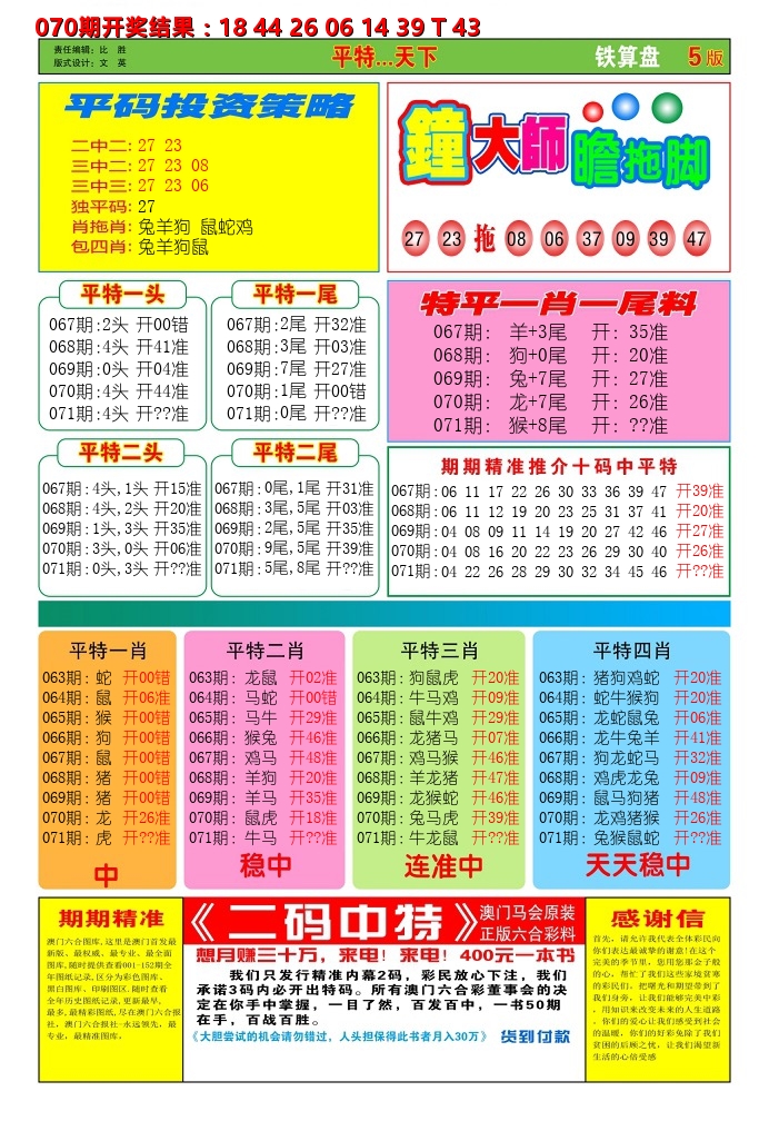 澳门铁算盘D 第71期