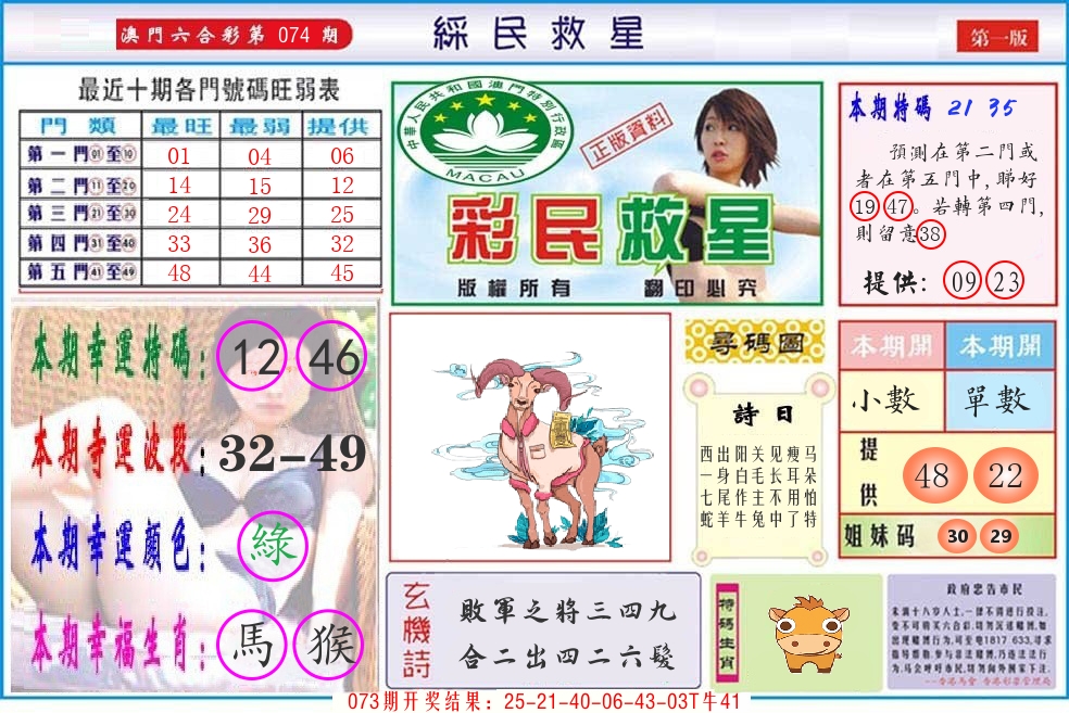 澳门彩民救星 第74期