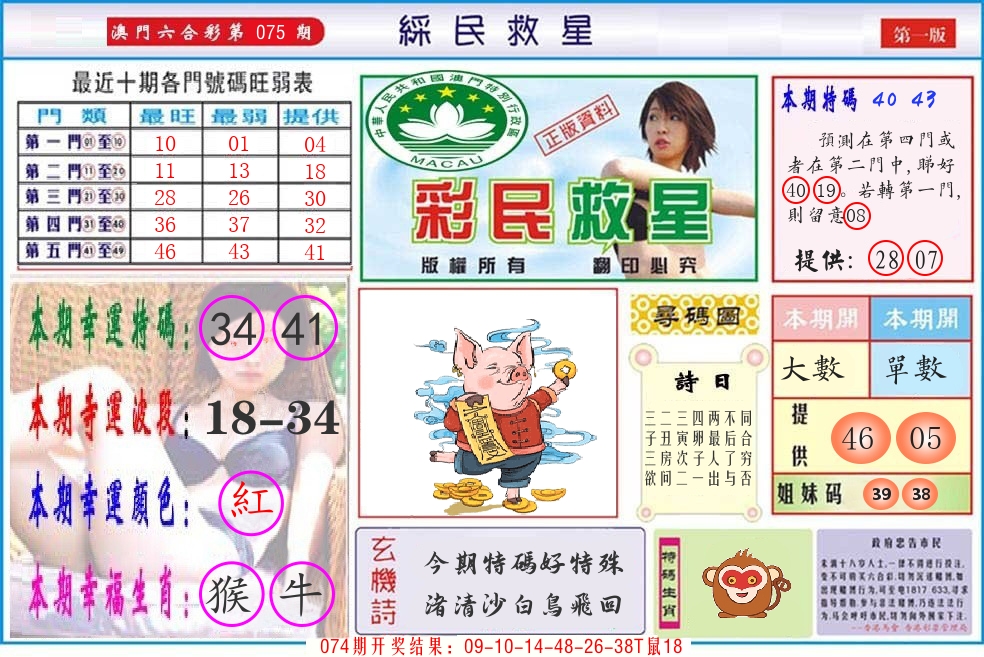 澳门彩民救星 第75期