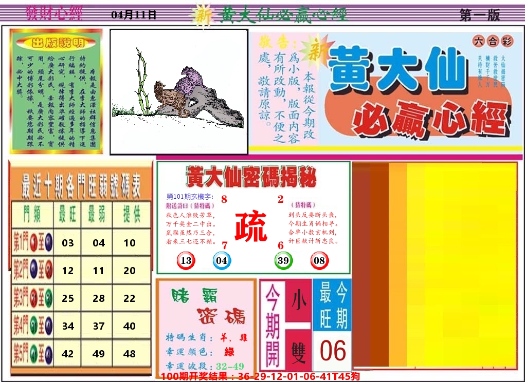 黄大仙必赢心经 第101期