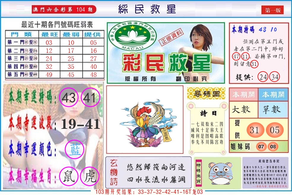 澳门彩民救星 第104期