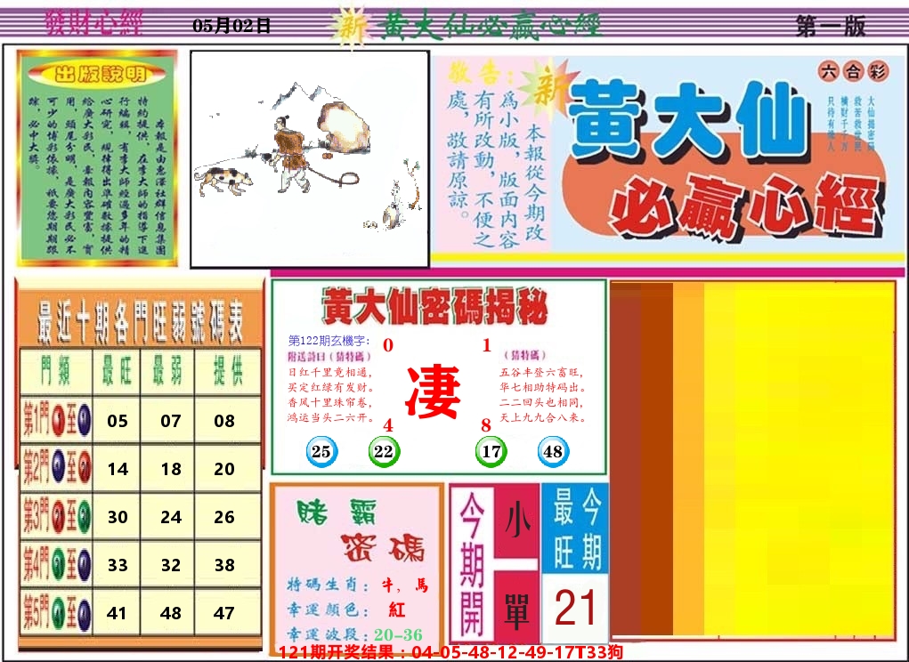 黄大仙必赢心经 第122期