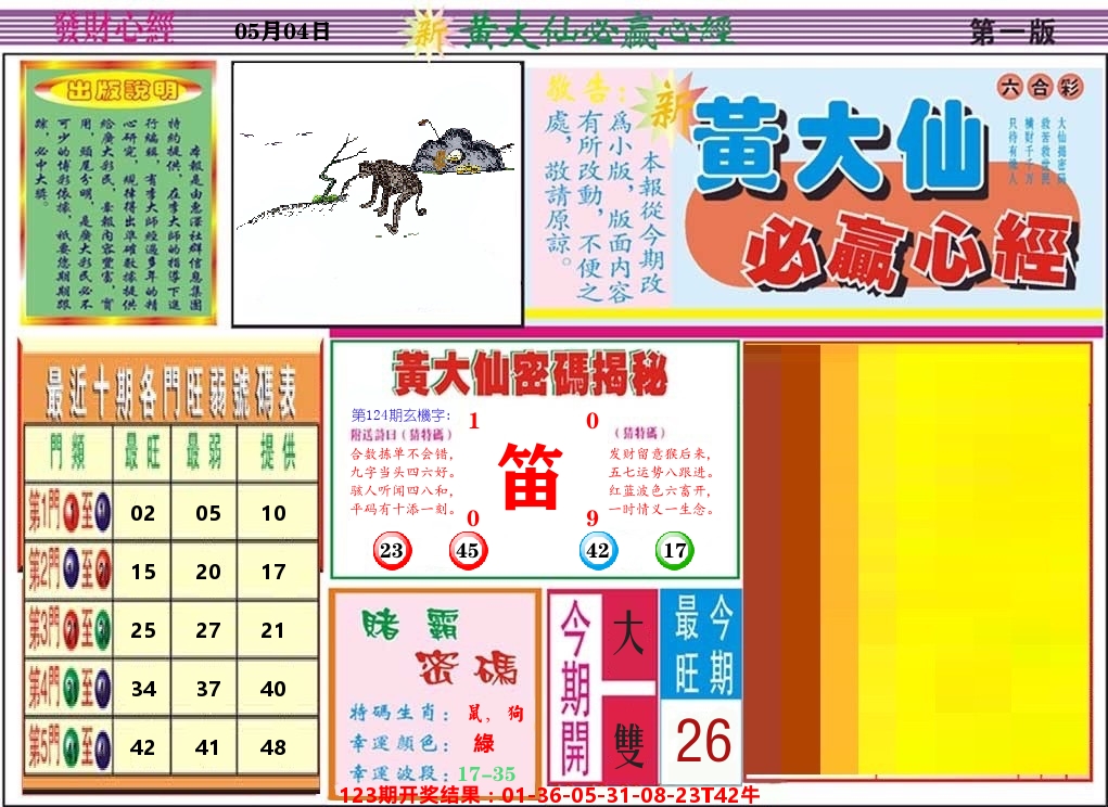 黄大仙必赢心经 第124期