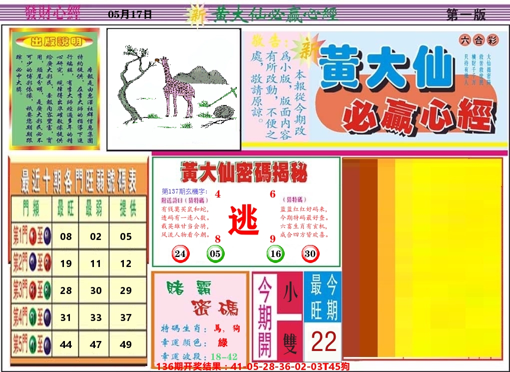 黄大仙必赢心经 第137期
