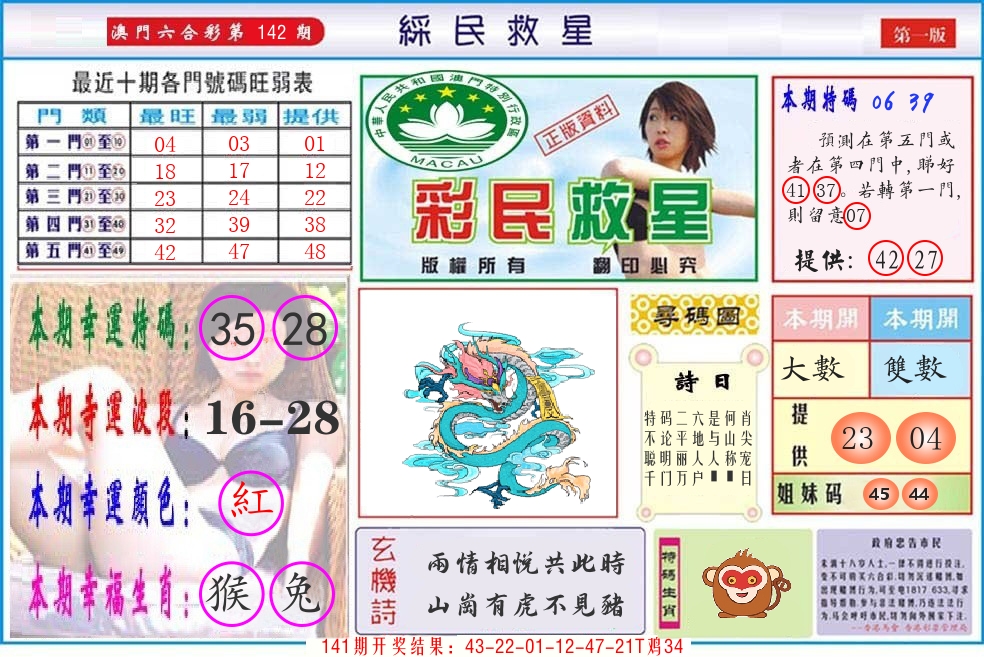 澳门彩民救星 第142期