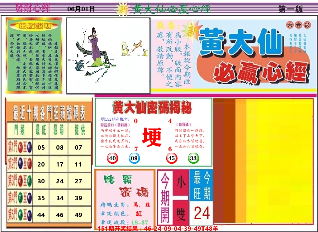 黄大仙必赢心经 第152期