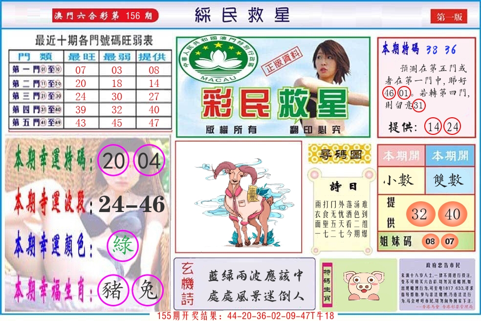 澳门彩民救星 第156期