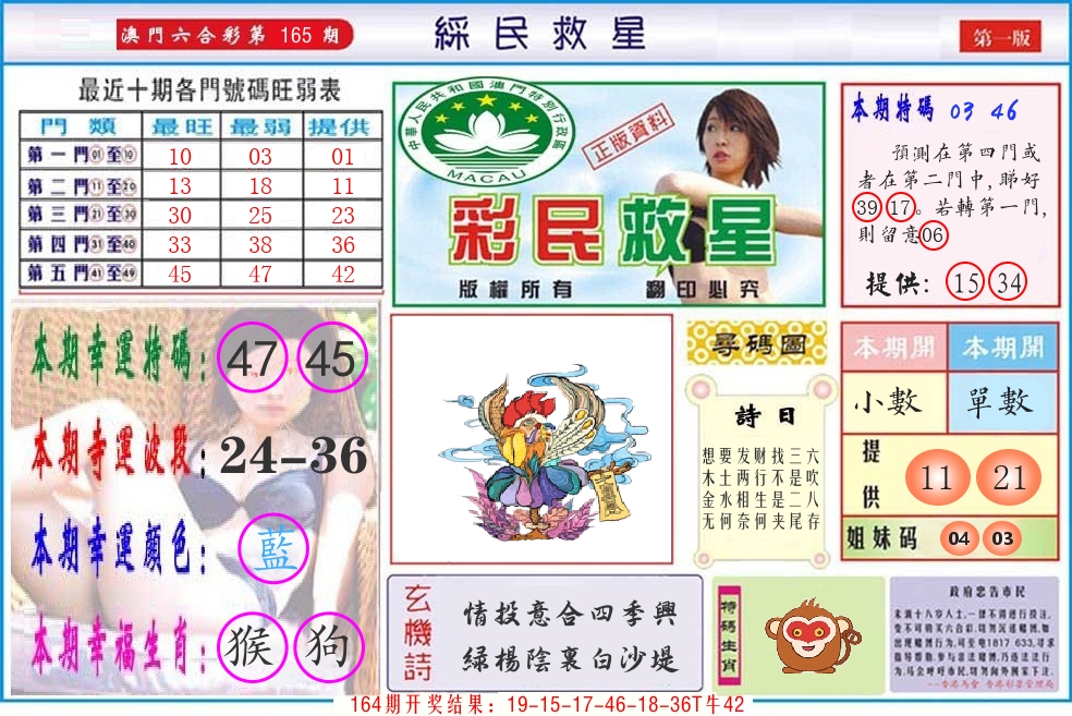 澳门彩民救星 第165期