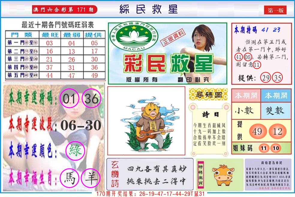 澳门彩民救星 第171期