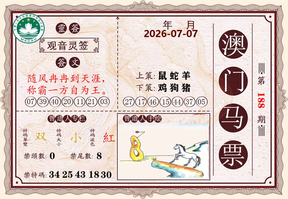 澳门马票 第188期