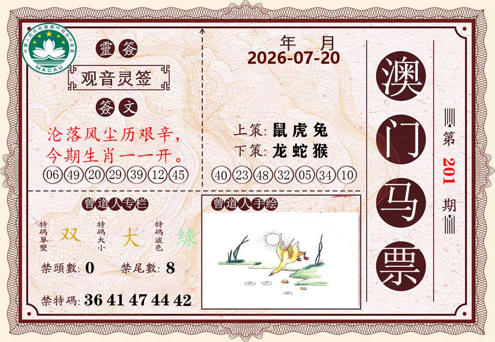 澳门马票 第201期