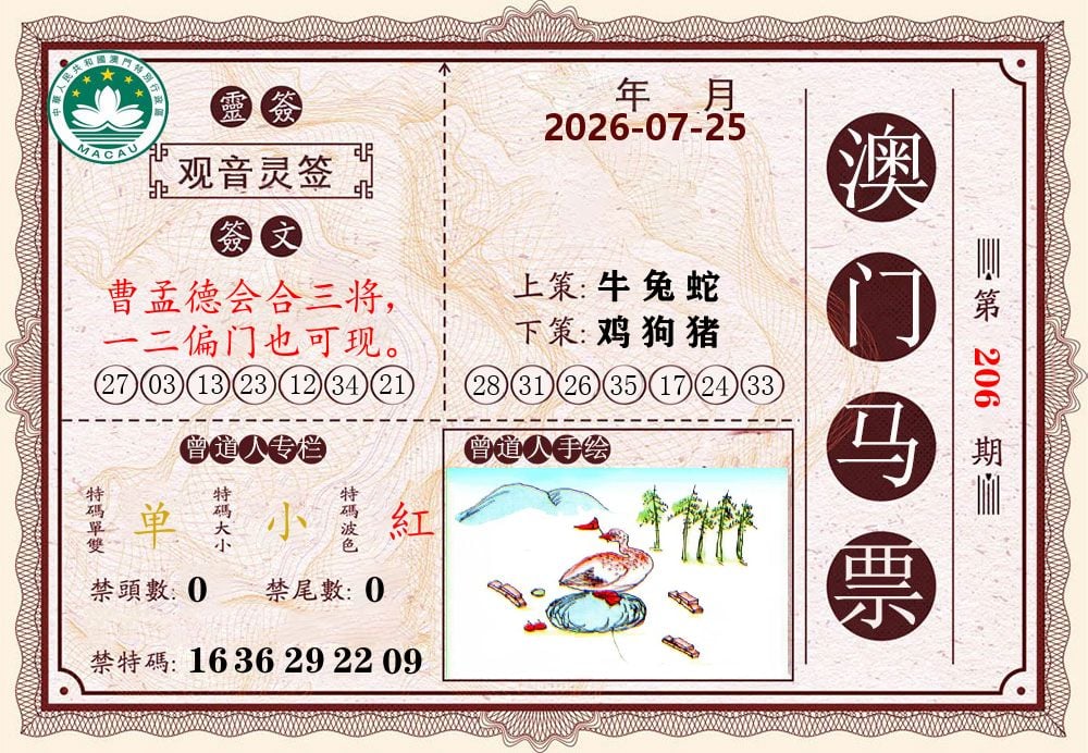 澳门马票 第206期