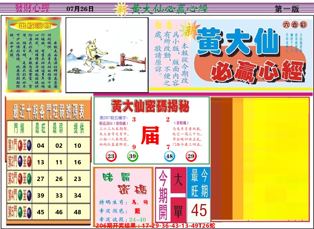 黄大仙必赢心经 第207期