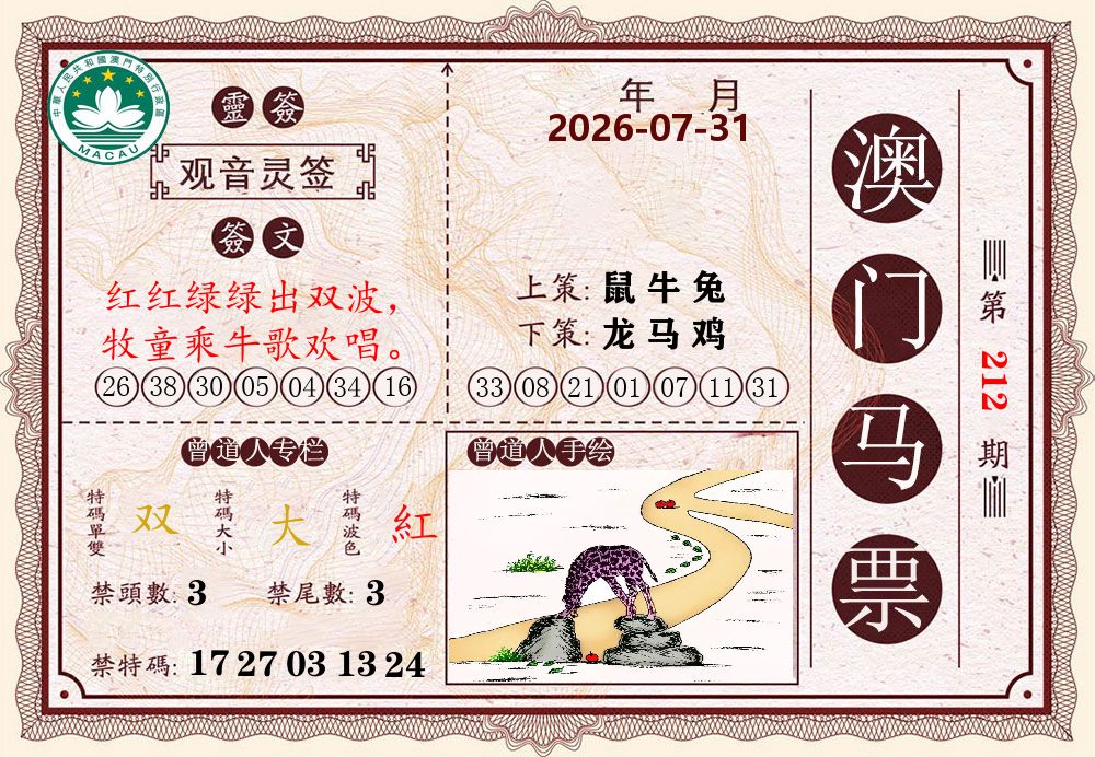 澳门马票 第212期