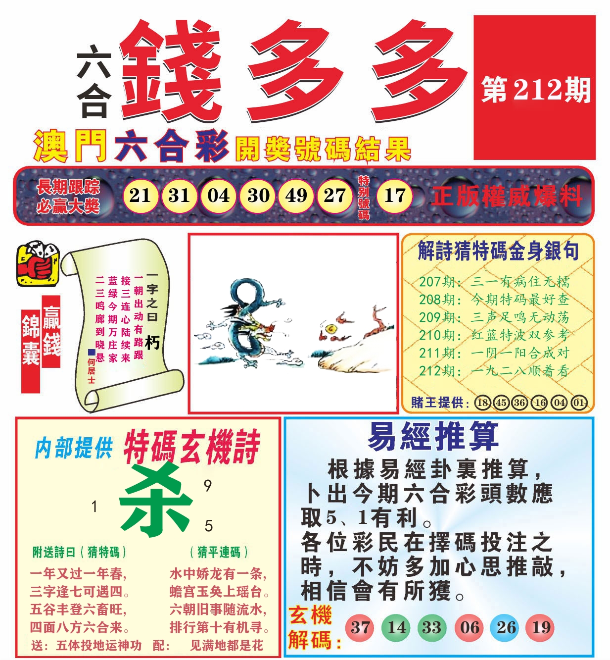 澳门钱多多B 第212期