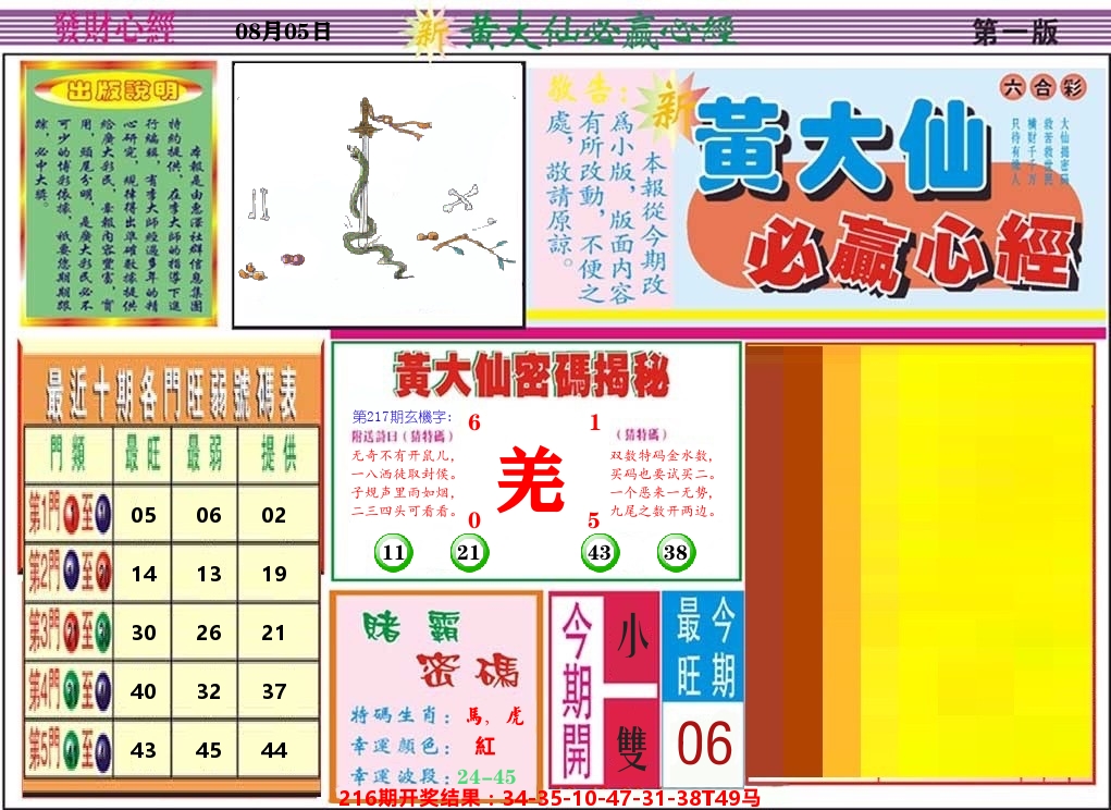 黄大仙必赢心经 第217期