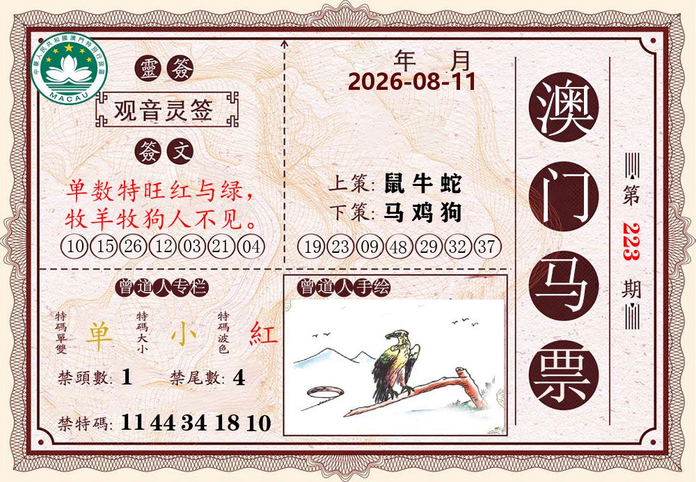 澳门马票 第223期