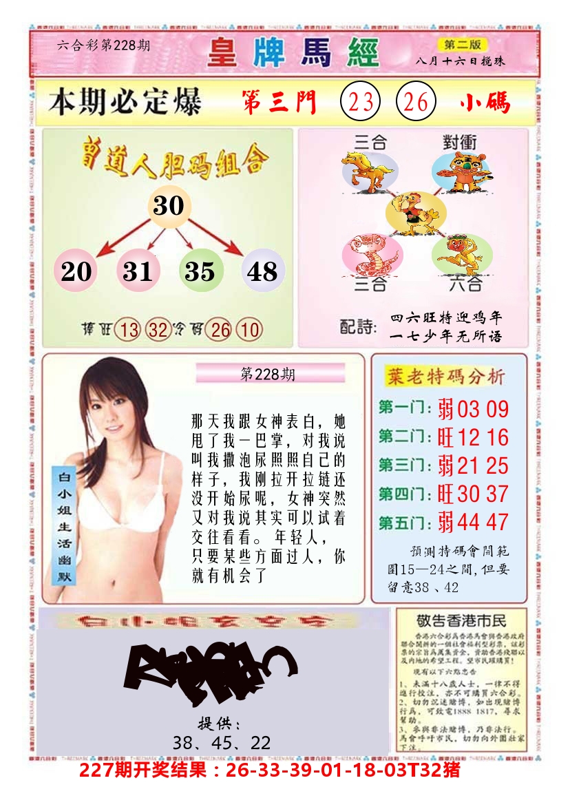 澳门皇牌马经B 第228期