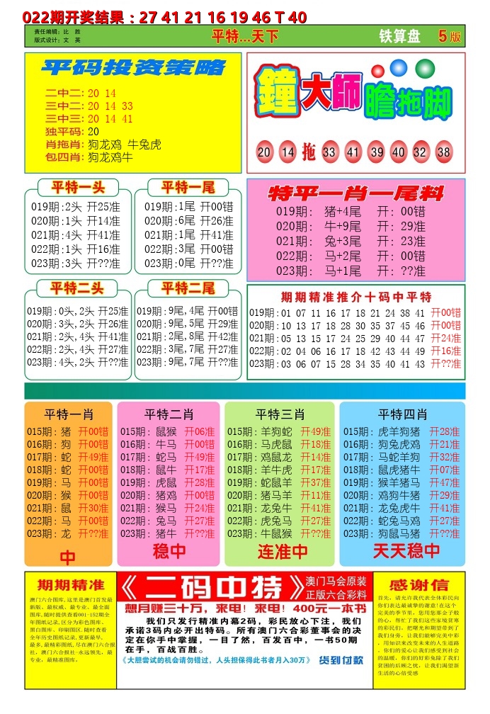 澳门铁算盘D 第23期