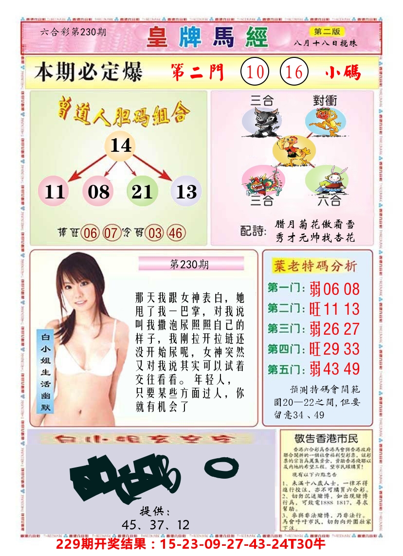 澳门皇牌马经B 第230期