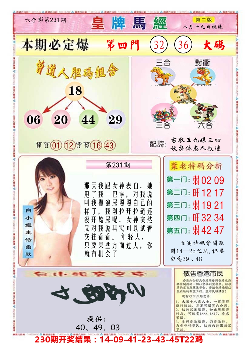 澳门皇牌马经B 第231期