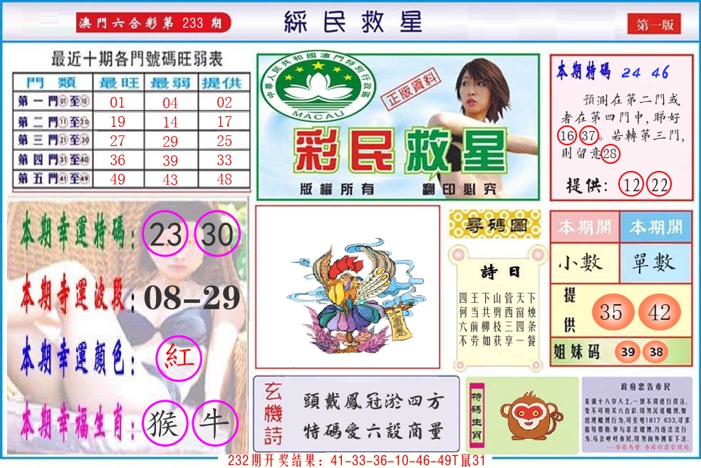 澳门彩民救星 第233期