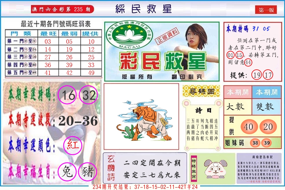 澳门彩民救星 第235期