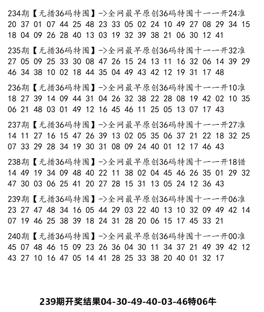 无错三十六码 第240期