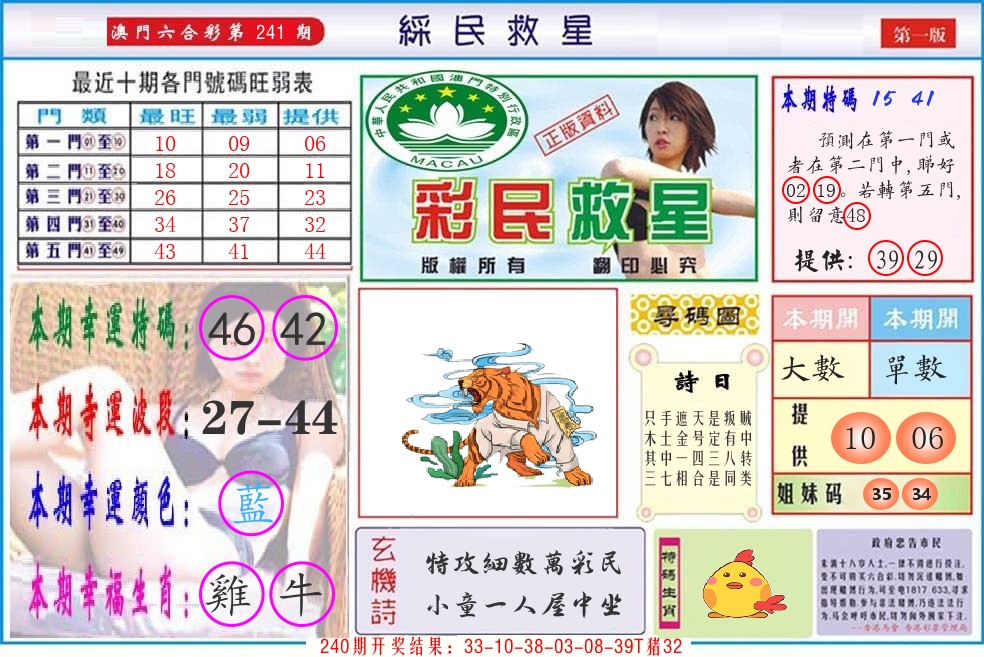澳门彩民救星 第241期