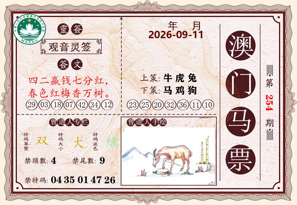 澳门马票 第254期