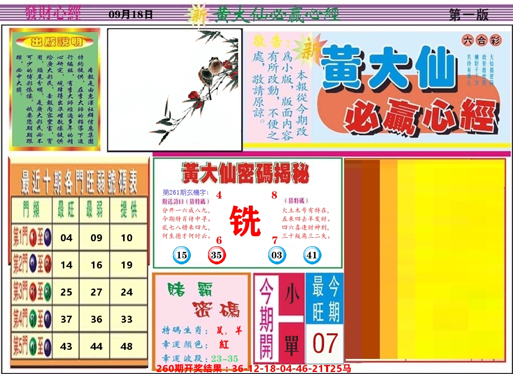 黄大仙必赢心经 第261期
