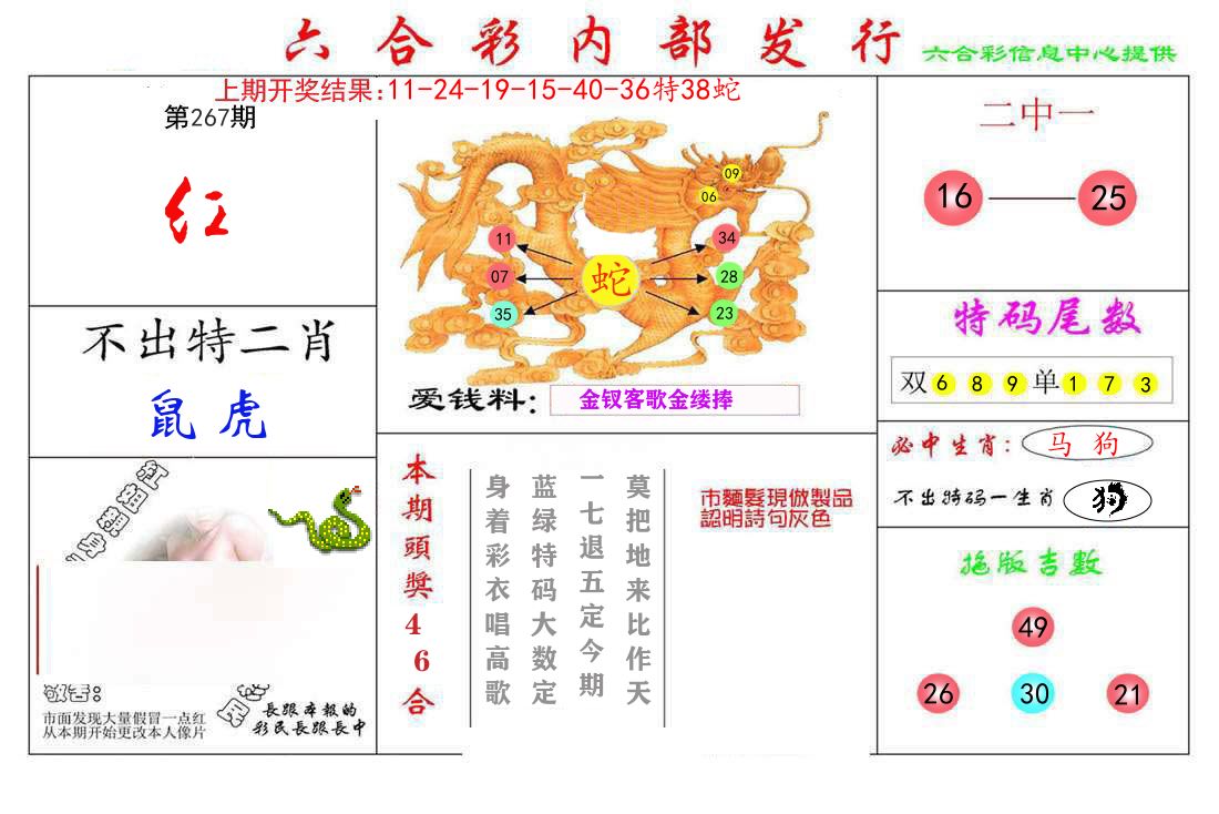 六合彩内部发行 第267期