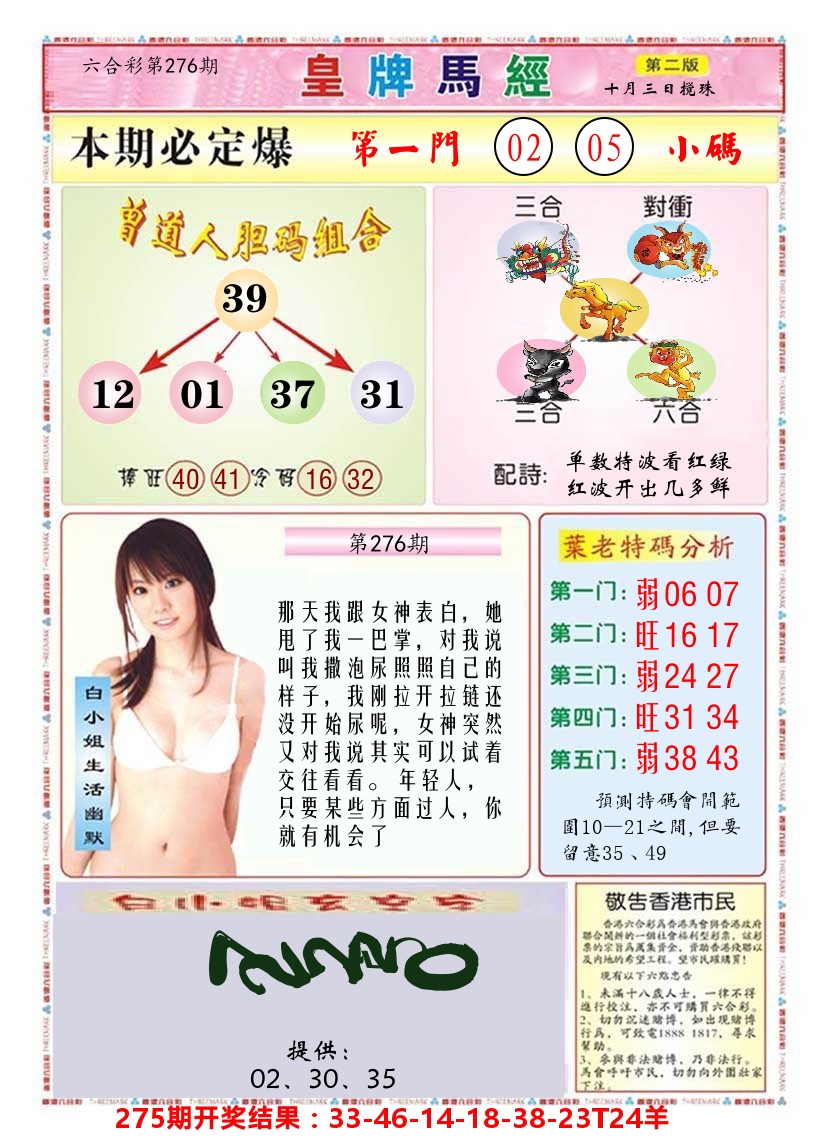 澳门皇牌马经B 第276期