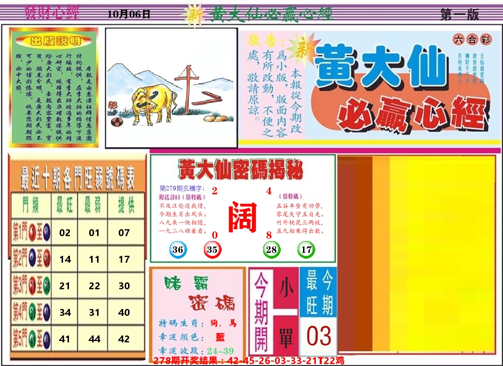 黄大仙必赢心经 第279期