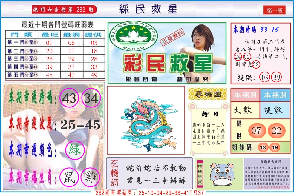 澳门彩民救星 第283期