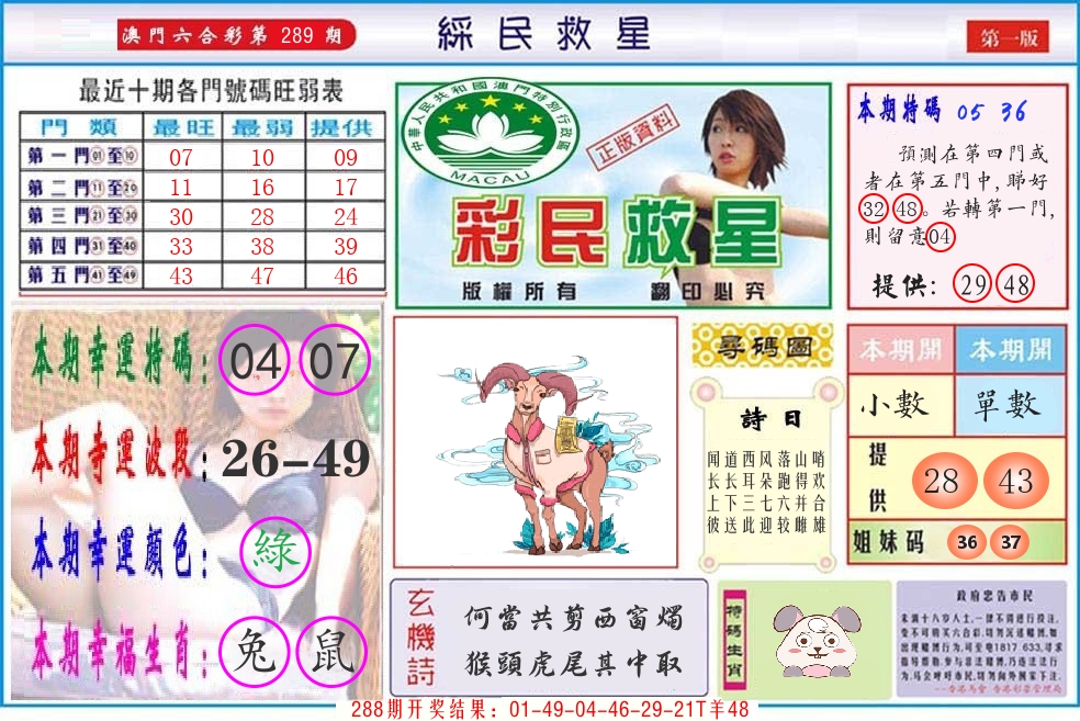 澳门彩民救星 第289期