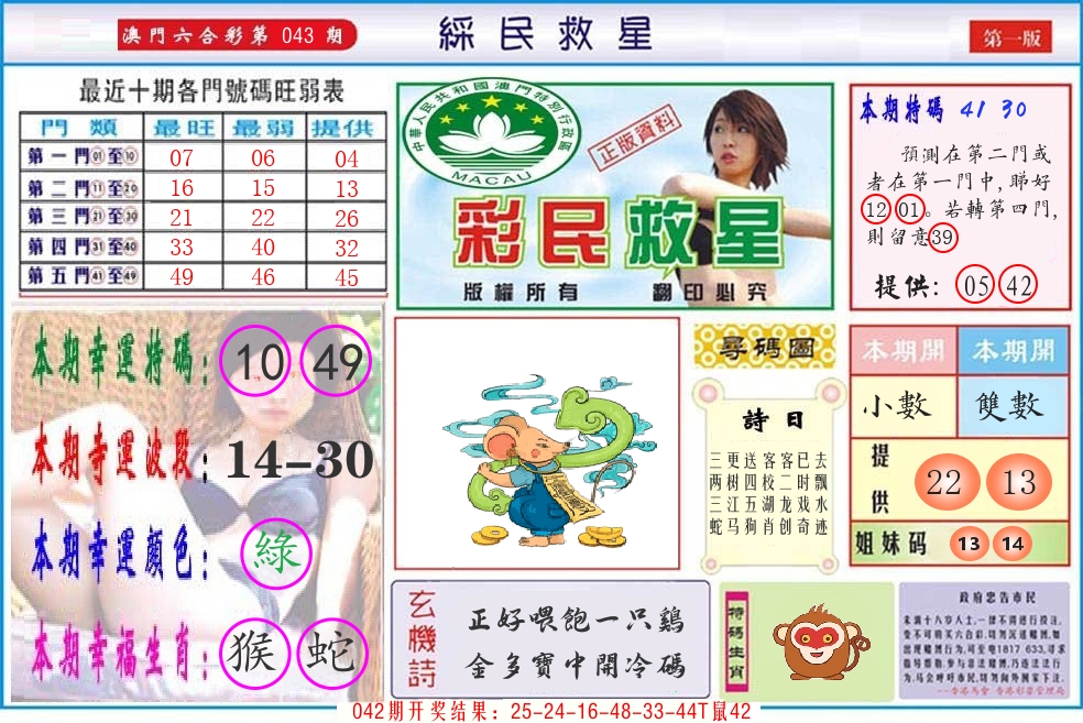 澳门彩民救星 第43期
