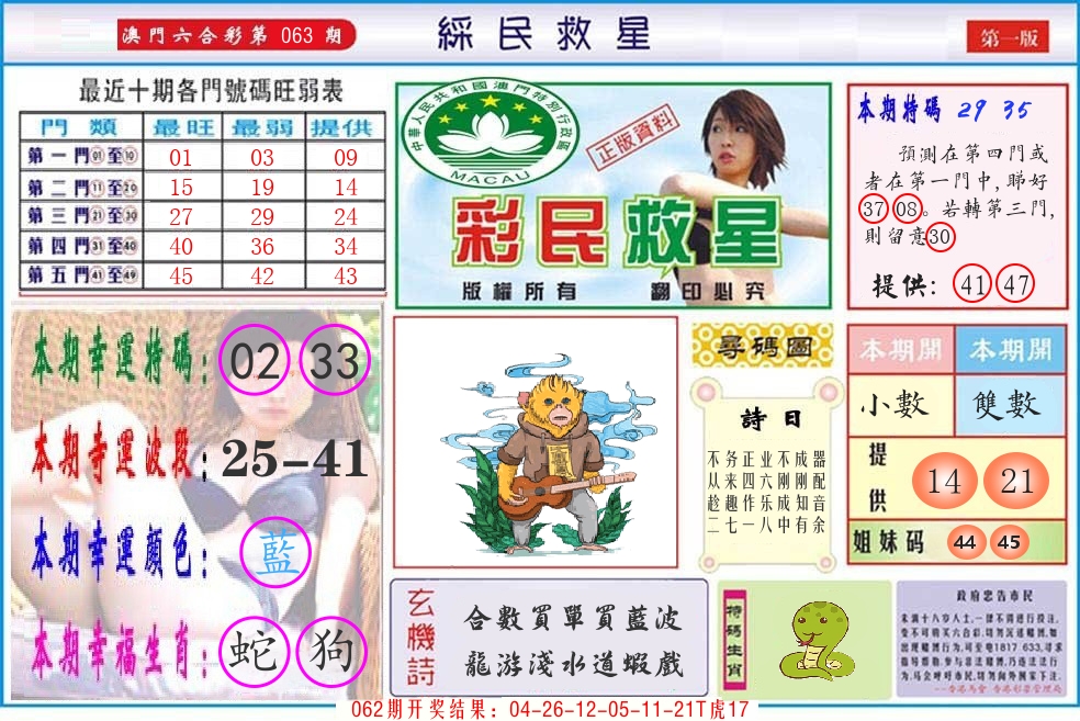 澳门彩民救星 第63期