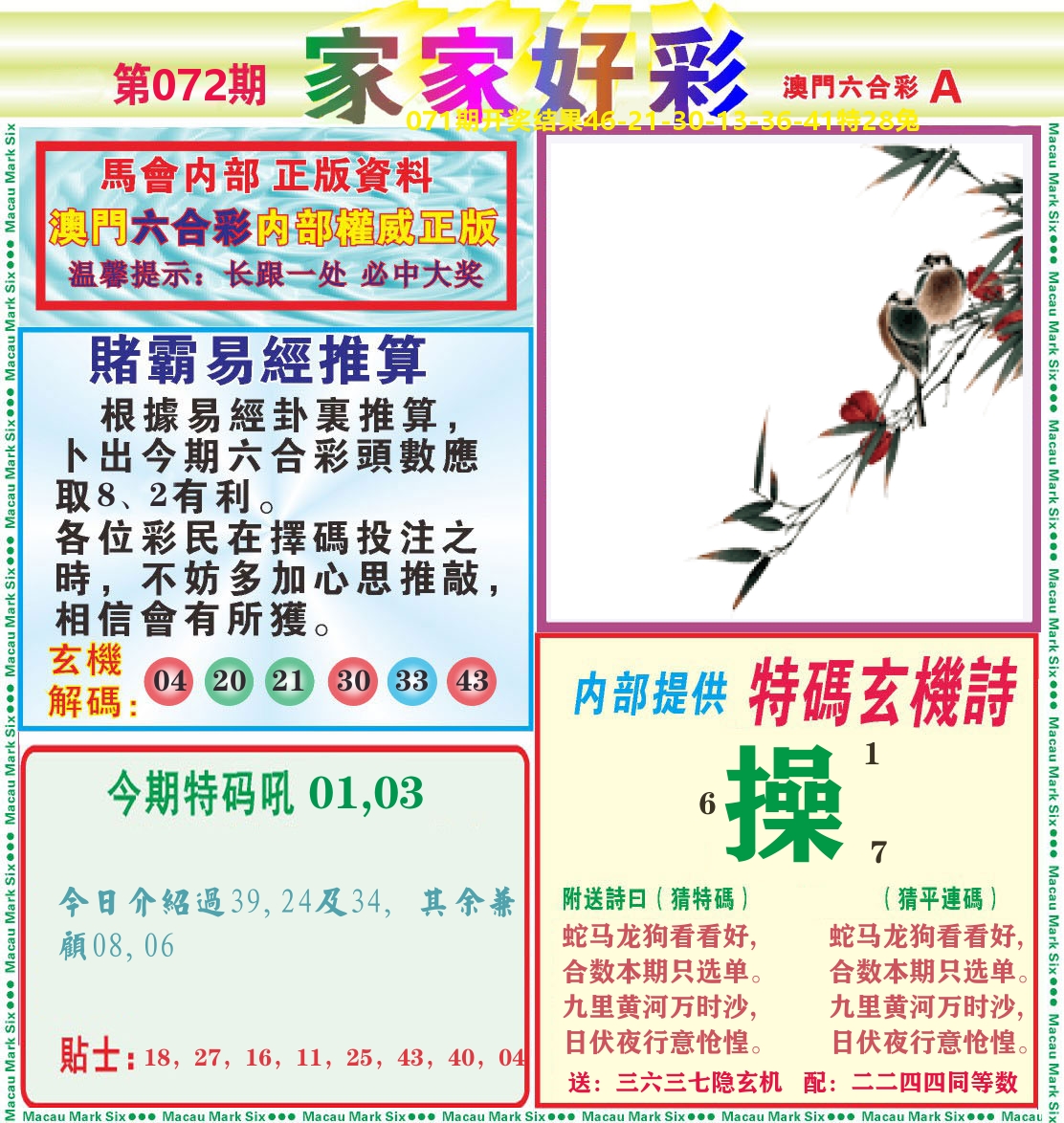 家家好彩A 第72期