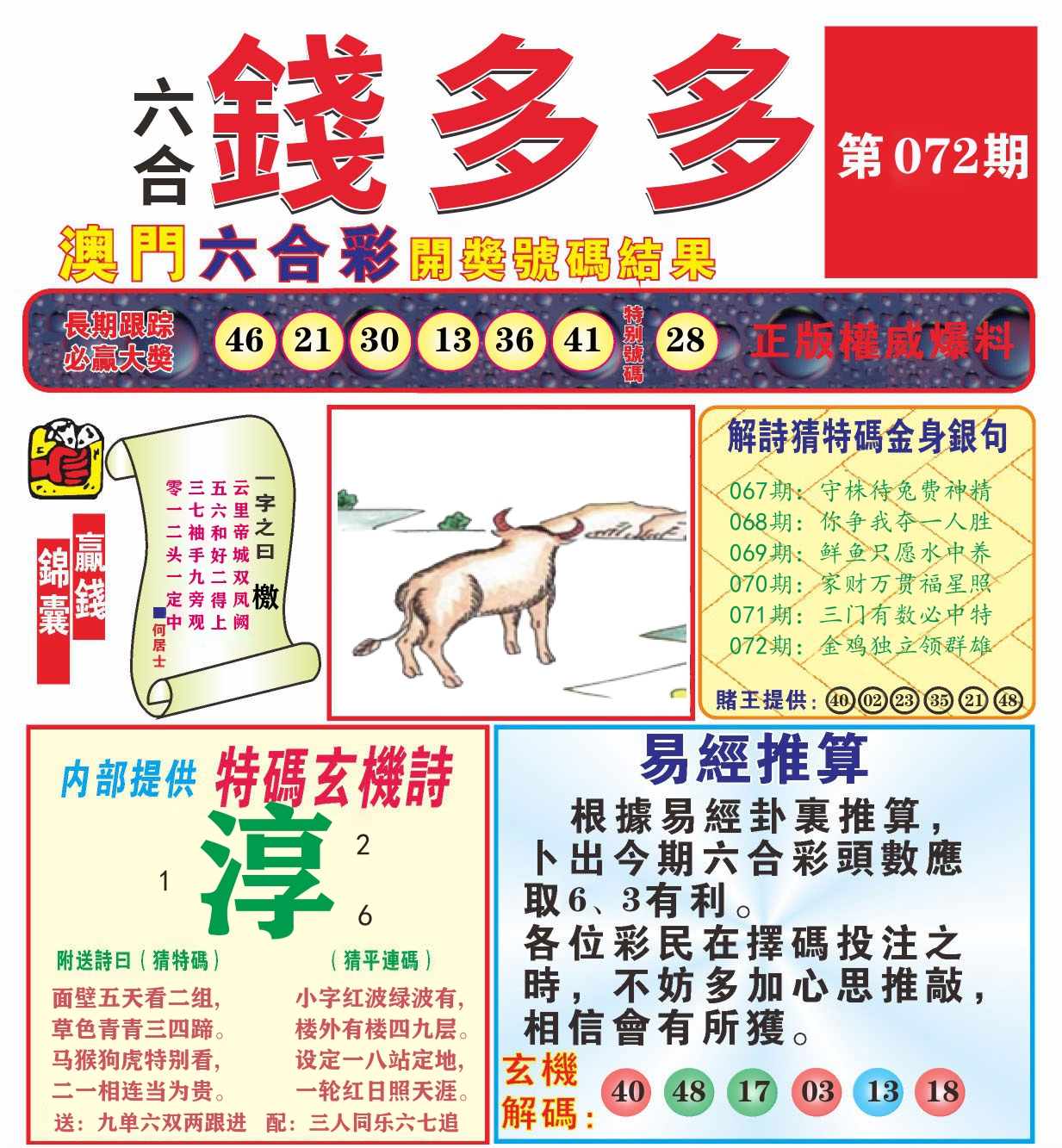 澳门钱多多B 第72期