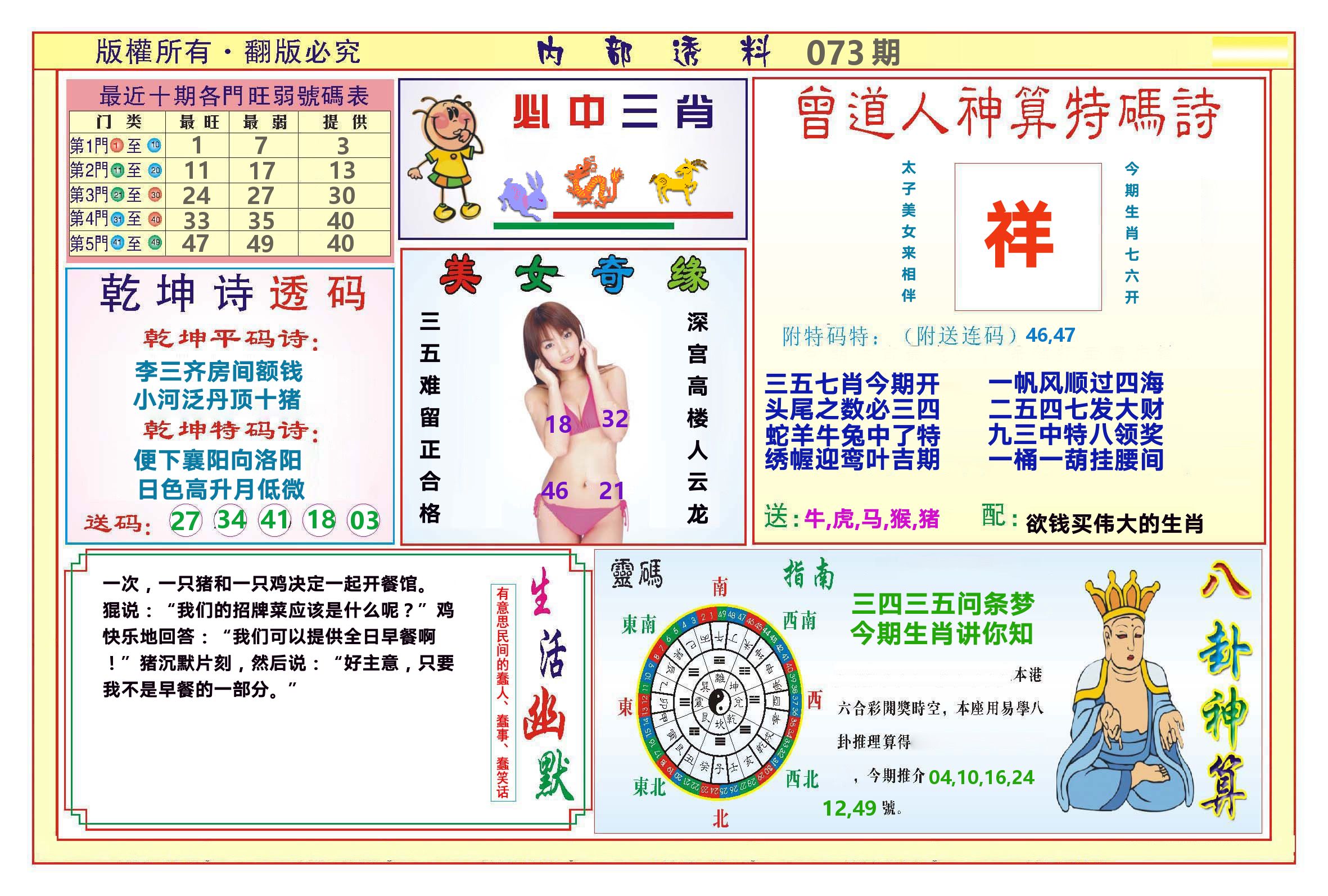 澳门内部透料B 第73期