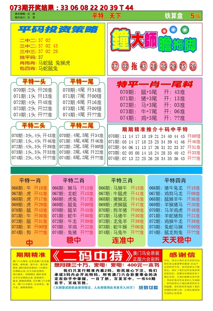澳门铁算盘D 第74期