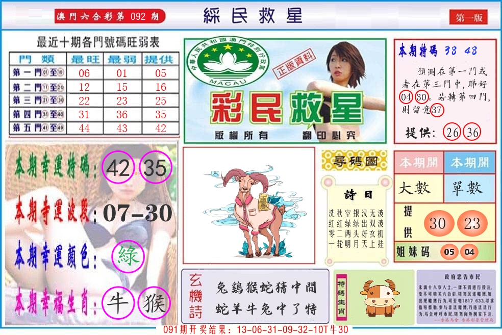 澳门彩民救星 第92期